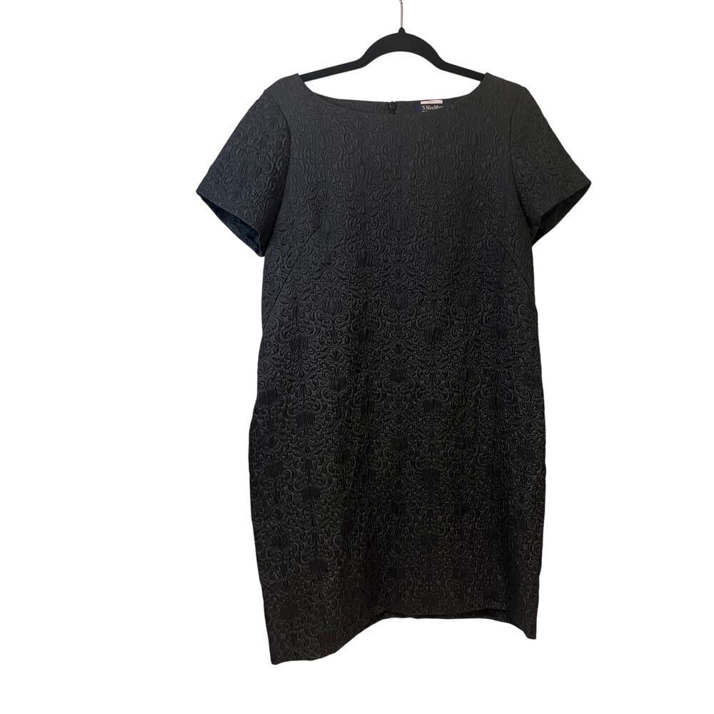 MaxMara Black Textured Short Sleeve Shift Dress Sz 14